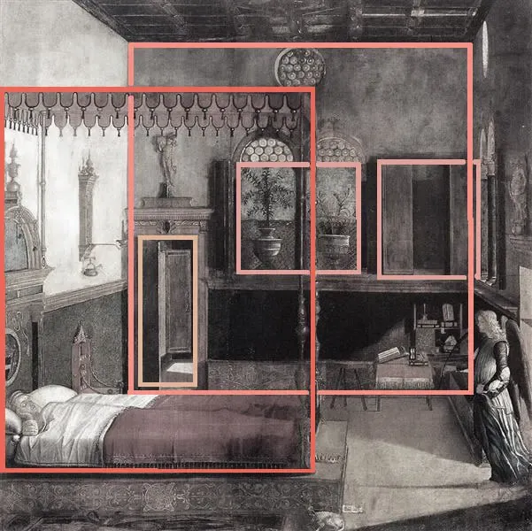 The Dream of Saint Ursula with boxes overlayed showing compositional components